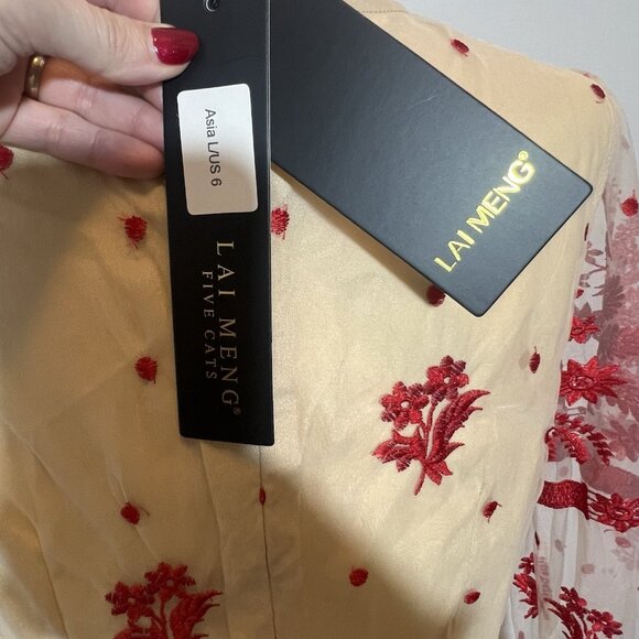 Midi Dress Embroidery Size 6 Red Fit Flare Lace Tulle Cocktail Gown Fairy - Picture 10 of 13